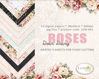 Carta per scrapbooking digitale Vintage Roses: collezione Dear Diary (fogli da taglio Fussy)