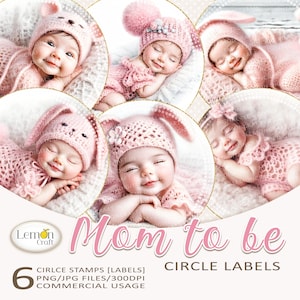 Efímeras digitales para bebés - Imágenes recortadas de niña quisquillosa - Etiquetas imprimibles para bebés - Clipart rosa para recién nacidos - Etiquetas circulares para futuras mamás de Lemoncraft - Niña