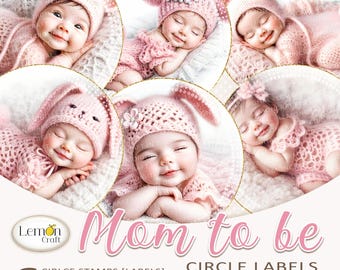 Baby Girl Clipart: Roze Pasgeborene Ephemera, Ronde Labels (Digitale Download A4 JPG & PNG Bestanden)