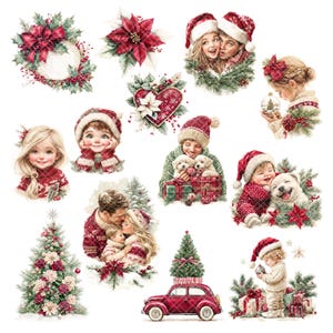 Classic Christmas PNG clipart bundle with nostalgic holiday illustrations - kids, gifts, red car, Christmas tree, and cozy textures. Transparent background, printable files for paper crafts and DIY. Digital download by Anna Zaprzelska Room of crafts.