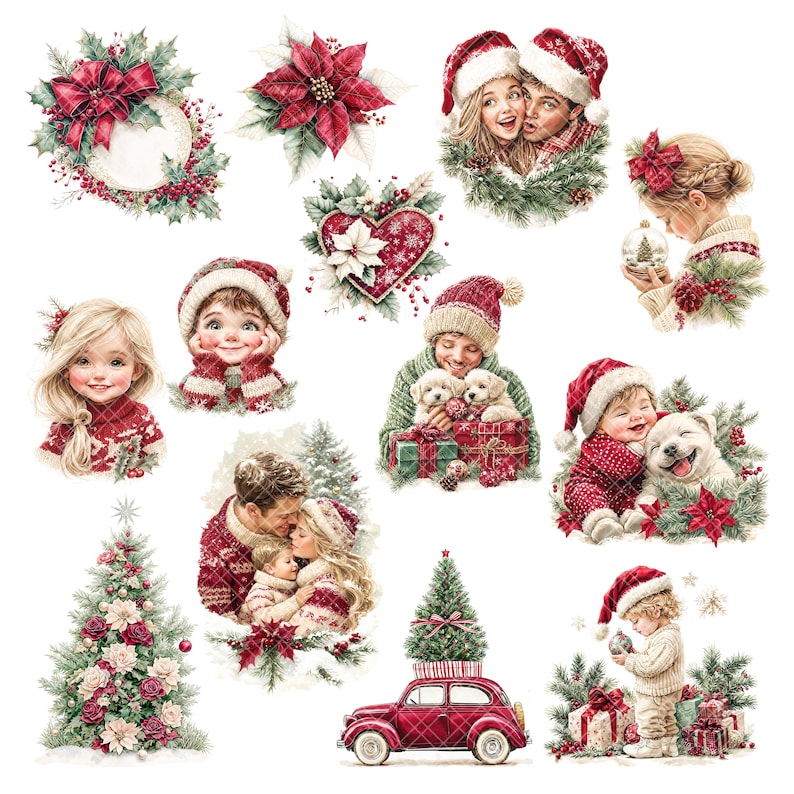 Classic Christmas PNG clipart bundle with nostalgic holiday illustrations - kids, gifts, red car, Christmas tree, and cozy textures. Transparent background, printable files for paper crafts and DIY. Digital download by Anna Zaprzelska Room of crafts.