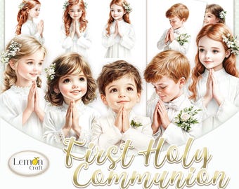 Clipart eerste communie: aquarel biddende kinderen (digitale download)