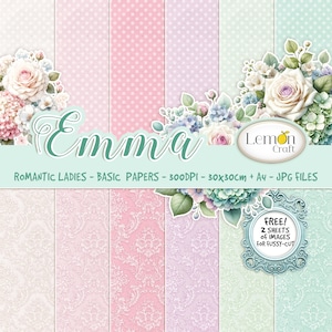 May include: A digital paper pack with a romantic theme featuring floral patterns, polka dots, and damask designs in pink, white, and green. The pack includes 300 DPI images in JPG format, sized 30x30 cm and A4. The text "Emma" and "Lemon Craft" are visible on the image.