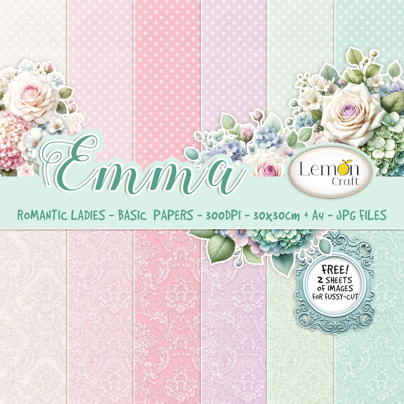 Pastel Damask digital papers by Lemoncraft featuring soft floral and lace-inspired backgrounds in delicate pink, lilac, mint, and cream tones. Printable scrapbook paper perfect for cardmaking, albums, and exploding boxes. Includes pastel damask patterns and free floral pages for fussy cutting.