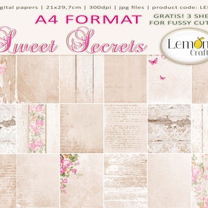 Carte Lemoncraft SWEET SECRETS, set di carte per scrapbooking digitale, stampa A4, sfondo digitale, download istantaneo, carte floreali retrò