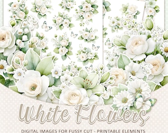 WHITE FLOWERS images fussy cut - A4 Printable florals for cardmaking (digital download)