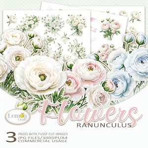 Lemoncraft BLOEMEN Ranonkels - kieskeurige snijafbeeldingen - afdrukbare ranonkelbloemen - 3 pagina's met florale clipart - digitale download voor knutselen