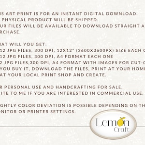 May include: Digital download of 12 JPG files, 300 DPI, in 12x12 inches (3600x3600 pixels) and A4 format.  Also includes 2 JPG files with images for cut-out.  You buy it, download the files, print at home or at a local print shop and create.  For personal use and handcrafting for sale.  Write to the seller if you are interested in commercial use.  Slightly color deviation is possible depending on the monitor or printer settings.  Lemon Craft.