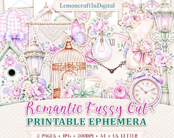 Romantic fussy cuts, Printable ephemera for handmade cards and journals, A4 & US letter JPG