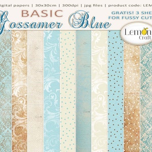 GOSSAMER BLUE BASIC scrapbooking paper set, Lemoncraft digital papers, Blue digital papers, Vintage floral pattern, digital papers download