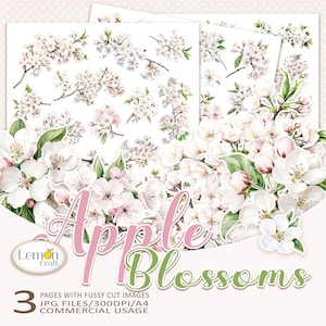 Lemoncraft APPLE BLOSSOMS - Floral fussy-cut images - Apple blossoms printable clipart - Watercolor style flower download for cardmaking