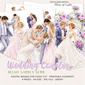 May include: Digital images of wedding couples in watercolour style. The illustrations show couples in wedding attire, with floral details and a soft colour palette. Text includes "Wedding Couples" and "Blush Garden Serie".