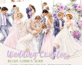 Wedding couples fussy cut images - BLUSH GARDEN newlyweds digital clipart - Romantic bridal set - JPG