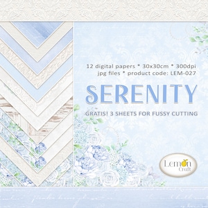 Collezione di carta per album digitali SERENITY Lemoncraft / 12 carte JPG di alta qualità + fogli A4 GRATUITI / Motivi floreali blu romantici