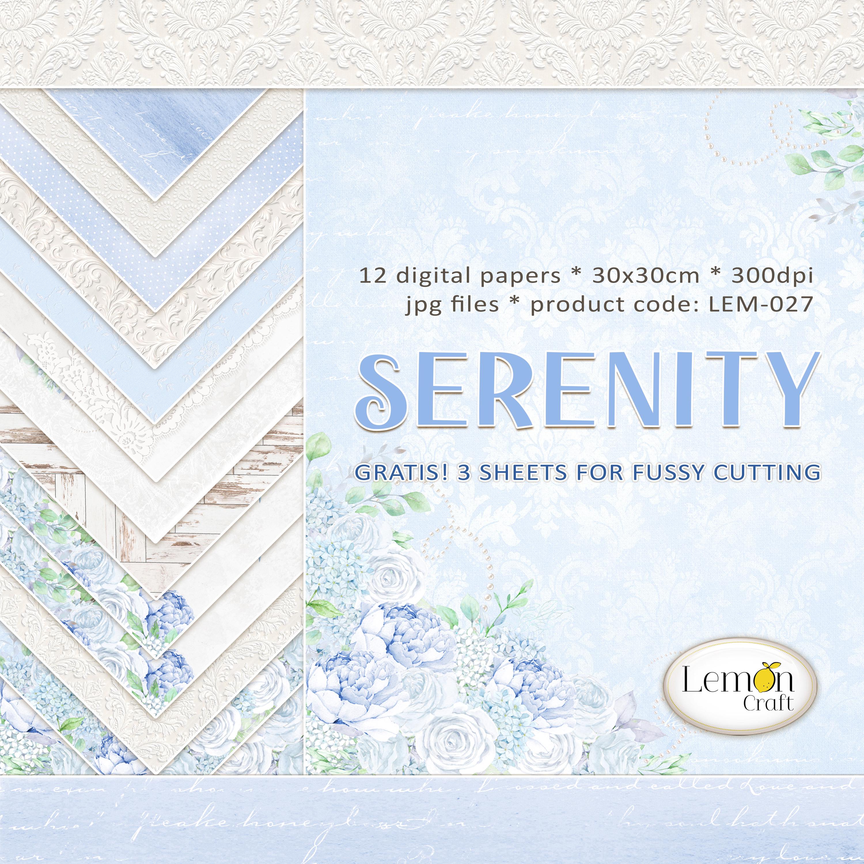 SERENITY Lemoncraft デジタルスクラップブックペーパーコレクション | 高品質JPGペーパー12枚 + 無料A4シート | ロマンチックなブルーの花柄
