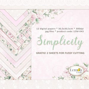 Lemoncraft SIMPLICITY - Confezione di carta digitale floreale - Carta stampabile shabby chic 12x12" - Carta per scrapbooking di nozze - Romantica peonia pastello