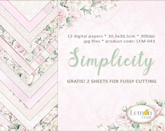 Digitaal papierpakket met bloemenmotief: Shabby Chic pioenroos, 12x12 (digitale download)