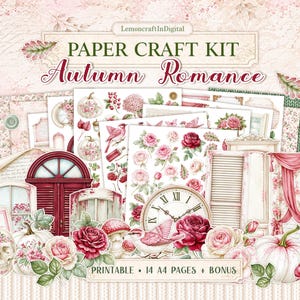 May include: A Paper Craft Kit titled Autumn Romance by LemoncraftInDigital featuring 14 A4 pages and bonus elements. The collection includes illustrations of roses, pumpkins, birds, a clock, architectural windows, and a skull in pink and red.