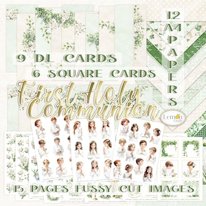 Lemoncraft ERSTE HEILIGE KOMMUNION gesamte Sammlung - Druckbare Karten - Pingelige Schnittbilder - Digitales Scrapbooking-Papiere - Bastelbedarf