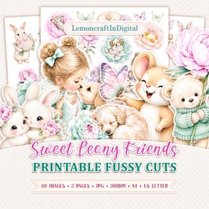 May include: A digital collage sheet titled Sweet Leony Friends Printable Fussy Cuts by LemoncraftInDigital featuring watercolor illustrations of a child, bunnies, puppies, a bear, and butterflies surrounded by pink and teal flowers on a light background.