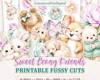 Fussy cut animals for cardmaking and journal, Shabby chic printables, A4 & US letter JPG