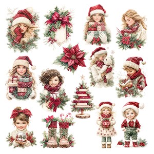 Printable Classic Christmas clipart set for scrapbooking and cardmaking - includes kids, poinsettias, winter gifts, and cozy holiday scenes. Transparent PNG files, instant digital download from Anna Zaprzelska Room of crafts.