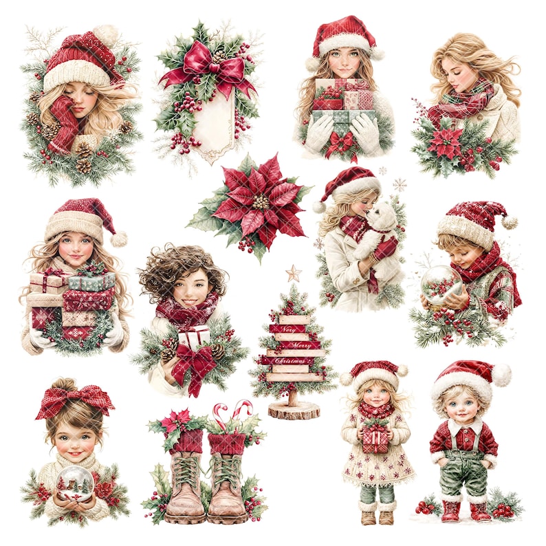 Printable Classic Christmas clipart set for scrapbooking and cardmaking - includes kids, poinsettias, winter gifts, and cozy holiday scenes. Transparent PNG files, instant digital download from Anna Zaprzelska Room of crafts.