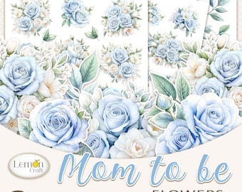 Blauwe bloemen clipart: Baby Boy Shower Rose boeketten (digitale download A4 JPG-bladen)
