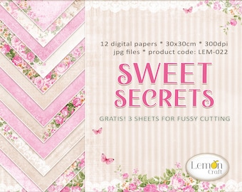 Set di carta per scrapbooking SWEET SECRETS, carte digitali Lemoncraft, carte per cardmaking, motivo floreale retrò, download di carte digitali rosa