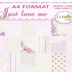 Lemoncraft A 4 Format Just love me, Romantische Papiere, Digitales Scrapbooking Papier Set, Papiere zum Kartenbasteln, Digitaler Hintergrund, Sofort Download