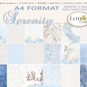 Carte Lemoncraft SERENITY formato A4, set di carta per scrapbooking digitale, stampa A4, motivi floreali blu romantici, sfondo digitale, carte blu