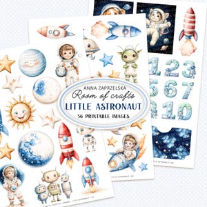 Preview of LITTLE ASTRONAUT - Digital papers and images fussy cut by Anna Zaprzelska Room of Crafts. A cute space theme images collection featuring rockets, planets, astronauts, robots, and stars. Perfect fussy cut images for cardmaking, scrapbooking, DIY, and papercraft birthday projects. Includes 56 printable JPG images in A4 format.