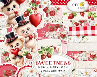 SWEETNESS digital papers - Strawberry and floral backgrounds for cardmaking and journals (A4 Instant download)