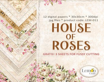 LemonCraft House of Roses Digital Papers, Digital cardmaking papers, Digital vintage pattern, digital download, Vintage scrapbooking papers