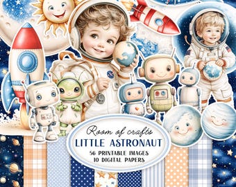 LITTLE ASTRONAUT - Digital papers and images fussy cut - Space theme printables for birthday crafts, scrapbooking and DIY projects - jpg, A4