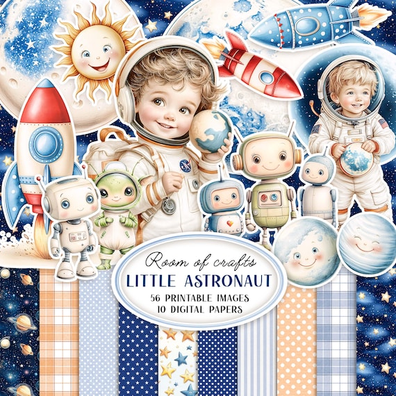 LITTLE ASTRONAUT - Digital papers and images fussy cut - Space theme printables for birthday crafts, scrapbooking and DIY projects - jpg, A4