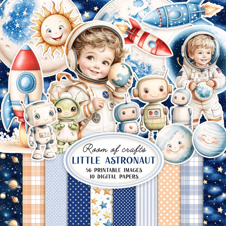 Colorful preview of LITTLE ASTRONAUT - Digital papers and images fussy cut, a space theme printables set by Anna Zaprzelska Room of Crafts. Features cute astronauts, rockets, planets, robots, and stars in blue, orange, and beige tones - perfect for birthday crafts, scrapbooking, and creative DIY paper projects.