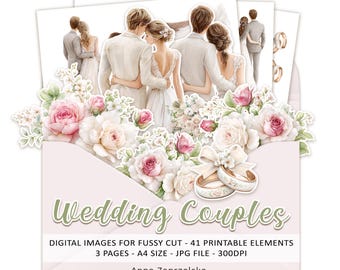 NEWLYWEDS FUSSY CUT - Elegant wedding couples - Ddigital images for paper crafts, invitations and wedding albums - Jpg A4 instant download