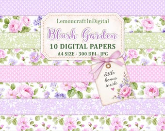 Carte digitali floreali in formato A4, set per scrapbooking Blush Garden, sfondi romantici, bonus con ritaglio preciso