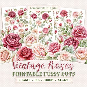 Funcy snittrosor, utskrivbara vintagerosblommor för korttillverkning och skräpjournal, A4 JPG
