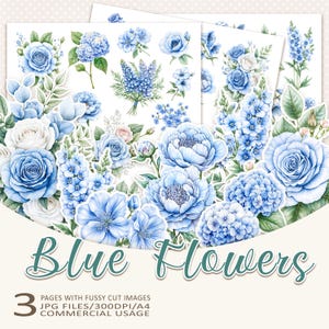 Op de afbeelding: Drie pagina's met blauwe bloemenafbeeldingen met rozen, pioenrozen en hortensia's. De tekst "Blue Flowers" staat onderaan, samen met details over de afbeeldingen. Afbeeldingen voor commercieel gebruik.