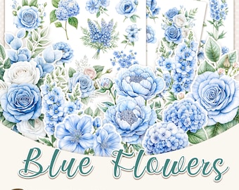 Afdrukbare set BLAUWE BLOEMEN - aquarel kieskeurige afbeeldingen voor handgemaakte kaarten - direct downloaden
