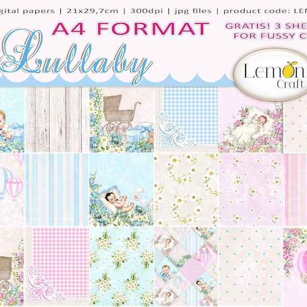 Lemoncraft A 4 format Lullaby, Baby themed papers, Digital scrapbooking paper set, Cardmaking papers, digital background, Instant downoald