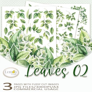 Lemoncraft LEAVES 02 - Hojas verdes cortadas con precisión - Imágenes digitales para hacer tarjetas y álbumes de recortes - 3 archivos JPG A4, 300 DPI - Suministros para manualidades