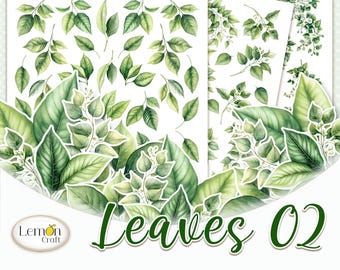 Groene aquarelbladeren: plakboekafbeeldingen kieskeurig (digitale download)