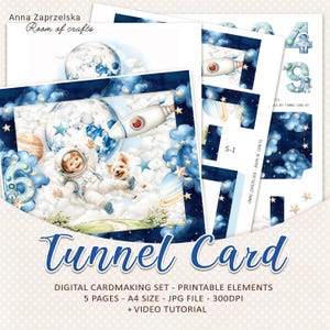 Pode incluir: Um conjunto digital de criação de cartões com tema espacial. A imagem apresenta um astronauta infantil, um cão, um foguete, planetas e nuvens. O texto "Tunnel Card" é exibido em azul. Inclui elementos imprimíveis, 5 páginas, tamanho A4 e um tutorial em vídeo.