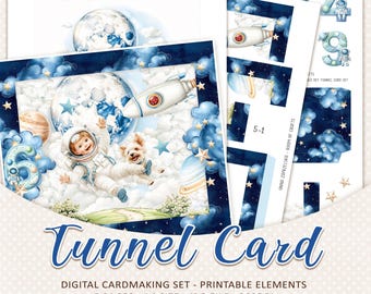 Tunnel card DIY - Printable A4 space birthday cardmaking set + Video tutorial (Digital Download)