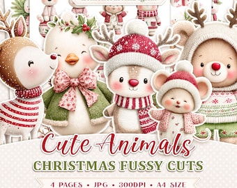 Christmas fussy cuts, Cozy animal printable images for holiday cardmaking, A4 JPG