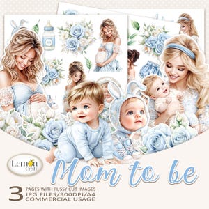 Lemoncraft - Imagens de FUTURA MÃE com cortes elaborados - Clipart de gestante - Clipart de recém-nascido - Imprimíveis para chá de bebê - Flores em azul pastel