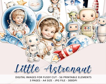 LITTLE ASTRONAUT images fussy cut - Adorable space themed digital images for scrapbooking and birthday crafts - JPG A4 printable